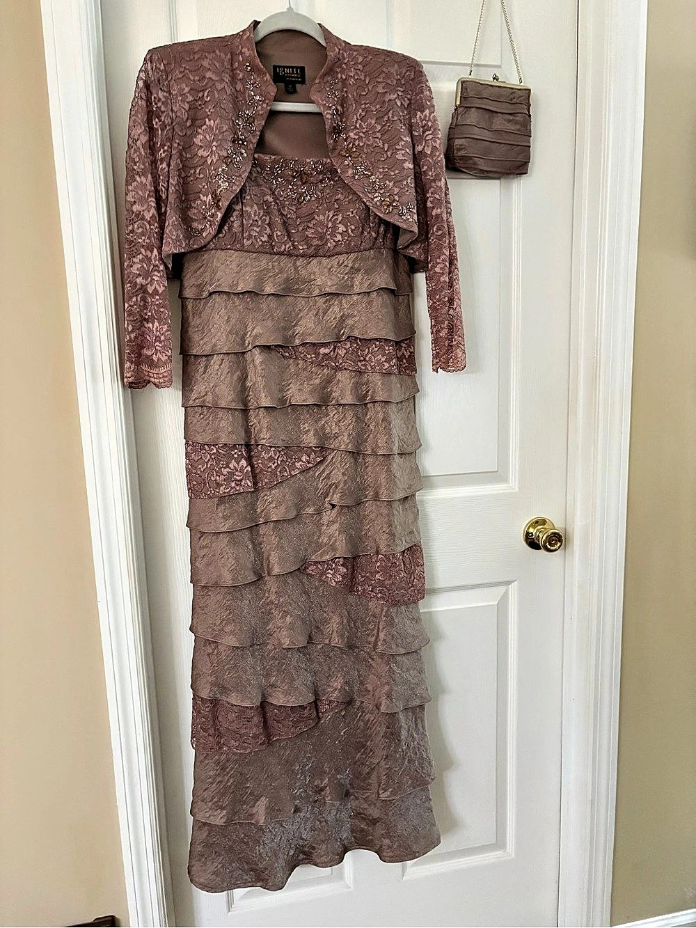 Ignite Evenings Sequin Lace Tiered Dress and Matching Jacket Set Brown Size 14